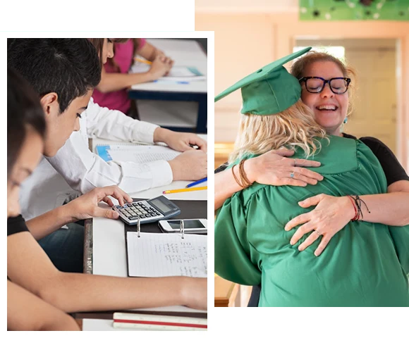 Student hugging teaching team member